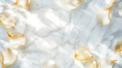 Marble Surface With Golden Petals In Light Breeze