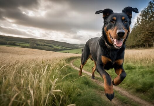 berger de beauce dog running in the nature, in the countryside, shepherd doggy on grass of meadown, prortrait of a purebred beauceron sheepdog in a field on the mountains