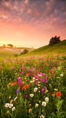 Spring meadow full bloom colorful wildflowers