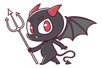 30 Cute cartoon devil, chibi style, big red eyes, black silhouette, tiny horns, bat wings, trident, curly tail, white background, minimalist design, kawaii demon, playful character, dark fantasy, vect