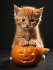 Halloween Kitten with Pumpkin