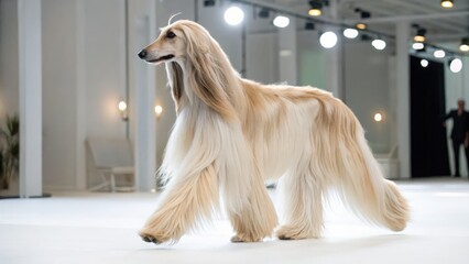 Elegant afghan hound dog show performance fashion arena photography showcase modern environment side view canine beauty and grace