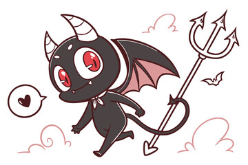 30 Cute cartoon devil, chibi style, big red eyes, black silhouette, tiny horns, bat wings, trident, curly tail, white background, minimalist design, kawaii demon, playful character, dark fantasy, vect