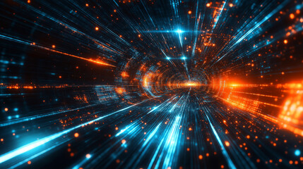 Futuristic background with glowing light streaks and digital particles, a speed-of-light tunnel effect. Data transfer concept.