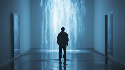 Obraz premium Man Standing in Front of a Blue Waterfall Light Installation in a Contemporary Art Space