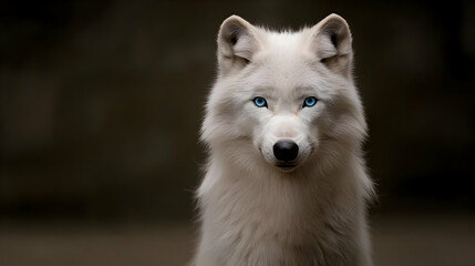 Closeup Portrait Of A White Wolf With Blue Eyes Against Dark Background