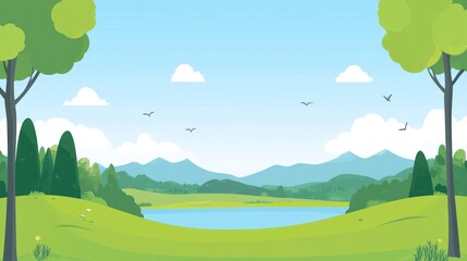 Obraz premium Scenic landscape, tranquil lake, lush trees, mountains. Possible use nature background