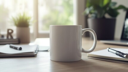 Empty white mug on a desk, home office