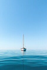 Fototapeta premium solitary sailing ship navigates tranquil ocean waters under clear blue sky with plenty of serene sunshine warming scene