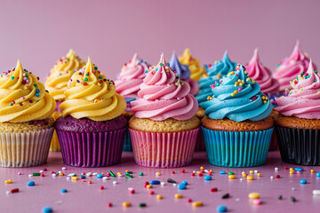 vibrant array of rainbow cupcakes with colorful frosting and sprinkles, showcasing a delightful treat perfect for celebrations and sweet moments
