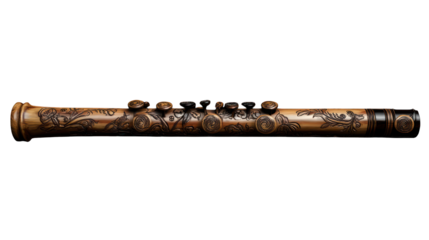 A beautifully crafted wooden flute with delicate engravings on a transparent background