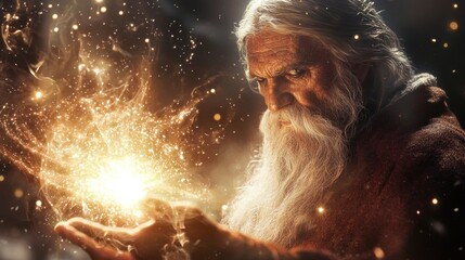 Fototapeta premium Ancient Wizard Conjuring Light, Mystical Energy, Fantasy Portrait