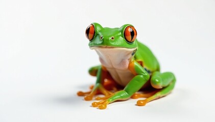 Obraz premium Green tree frog perched on white, vibrant skin, green, one, exotic