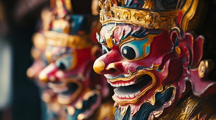 Obraz premium Vibrant Traditional Masks Displayed in a Cultural Exhibition Celebrating Folk Art