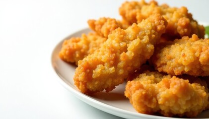 Close-up of crispy fried chicken strips on white , chicken strips, meat