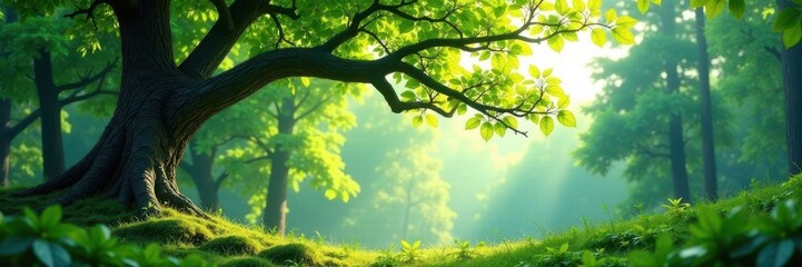 Obraz premium Curved branch stretches towards the sky above a forest floor, branches, woody trunks, leafy greens