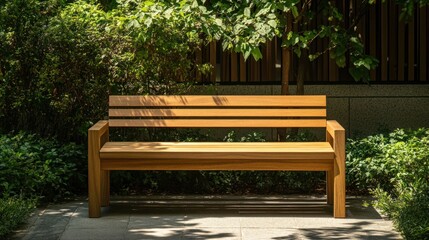 Empty wooden park bench in sunny garden