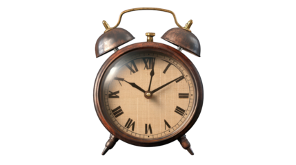 A classic alarm clock ringing with bells on top on a transparent background 