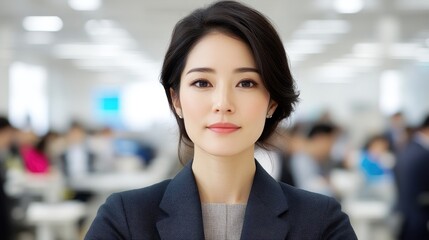 Obraz premium Confident young Asian businesswoman in a dark blazer looking at the camera in a bright, busy office.