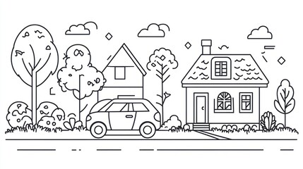 Simple Line Art Suburban Scene