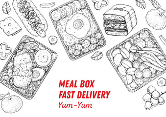 Lunch box frame. Hand drawn vector illustration. Meal box sketch. Top view. Menu design elements, packaging background template.