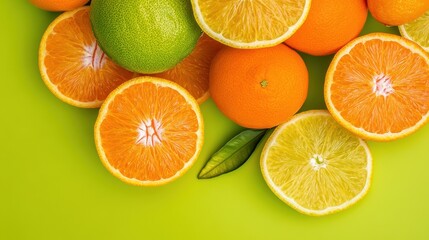 Colorful Citrus Fruits On A Vivid Green Background