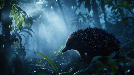 Fototapeta premium Mysterious ambiance of mist laden jungle trail where Western Long Beaked Echidna quietly explores undergrowth partially obscured swirling fog ethereal composition evokes sense of timeless wilderness