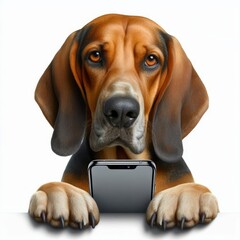 Hound dog attentively uses a mobile phone, showcasing modern canine lifestyle