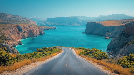 Scenic Coastal Highway Journey, Turquoise Waters and Rugged Cliffs Beauty