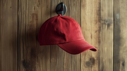 Red Baseball Cap Hanging on a Wall Hook in Wooden Setting
