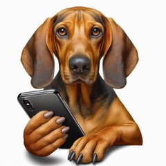 Hound dog immersed in a modern smartphone, realistic animal photography