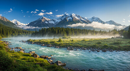 mountain landscape with lake and mountains