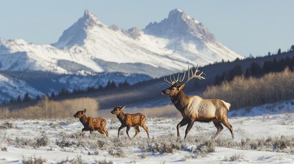Elk family walking through snowy field with mountains.