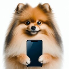 Adorable Spitz dog showcasing a modern smartphone in a charming realistic view