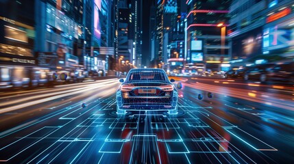 Self-driving car in a futuristic city