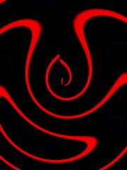 An abstract digital design with a black background and fluid, glowing red curved lines. The lines form a swirling, hypnotic pattern that converges toward the center, creating a sense of depth 