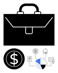 Large black briefcase, dollar sign coin, pie chart, property, cryptocurrency, and bond certificate. Ideal for finance, investment, business strategy financial planning real estate economic