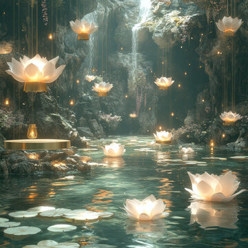 A tranquil image of floating lotus lanterns in water, evoking feelings of peace, spirituality and cultural significance, ideal for relaxation, meditation, mindfulness or culturally enr - AI-Generated
