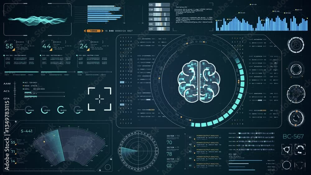 Poster motion graphic of blue digital brain with head up display (hud ui) and futuristic technology abstrac