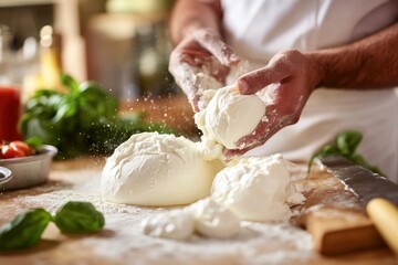 Hands skillfully kneading fresh mozzarella cheese in a rustic kitchen with herbs and tomatoes nearby