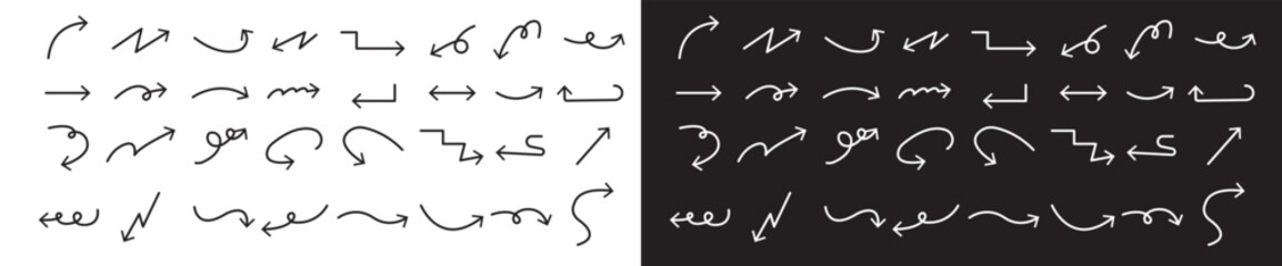 Hand drawn black and white arrows set