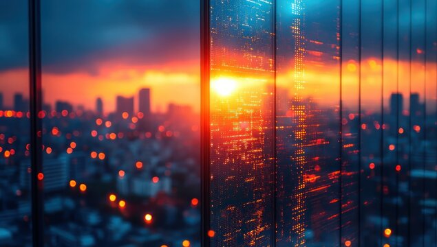 Sunset city view through digital code skyscraper window