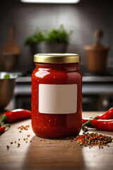 Bright homemade chili condiment showcased in simple jar elevates everyday meals. Thick texture, visible seeds, and punchy aroma excite condiment fans craving bold, unforgettable flavor