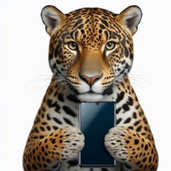 Adorable jaguar presenting a modern smartphone with digital innovation concept