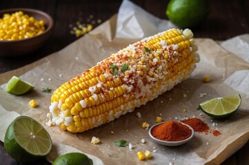 Corn on parchment paper with chili powder, crumbly cheese, and fresh lime celebrates corn delight for fans of spicy street food. Tangy topping and vibrant color captivate culinary explorers.
