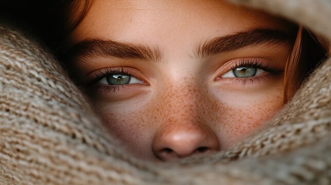 Close-up of a young woman's face, eyes, and freckled nose, partially covered by a knitted scarf
