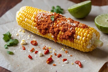 Zesty corn ear slathered in chili powder and cheese offers snack sensation for spice lovers. Vibrant color and tangy garnish define snack delight at casual gatherings, fueling bold cravings