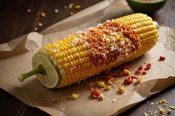 Fresh corn cob layered with tangy chili crumble becomes savory treat for adventurous eaters. Zesty lime accent and crumbly cheese enhance treat enjoyment at relaxed mealtime gatherings