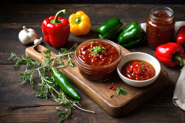 Homemade chili sauce showcased in clear jar celebrates sauce versatility for spicy food lovers. Visible pepper seeds and deep red hue capture attention, boosting flavorful meal ideas