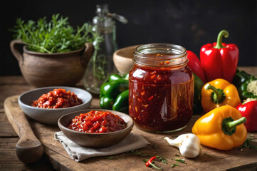 Bright pepper relish served in open jar highlights relish appeal for fans of tangy flavors. Fresh peppers and aromatic spices promise zesty taste, perfect for quick savory fix
